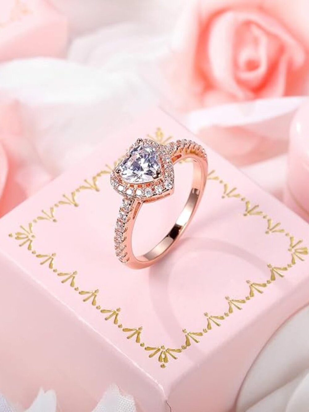 18K Rose Gold and White Diamond Cubic Zirconia Halo Heart Engagement Ring - Picture 3 of 7